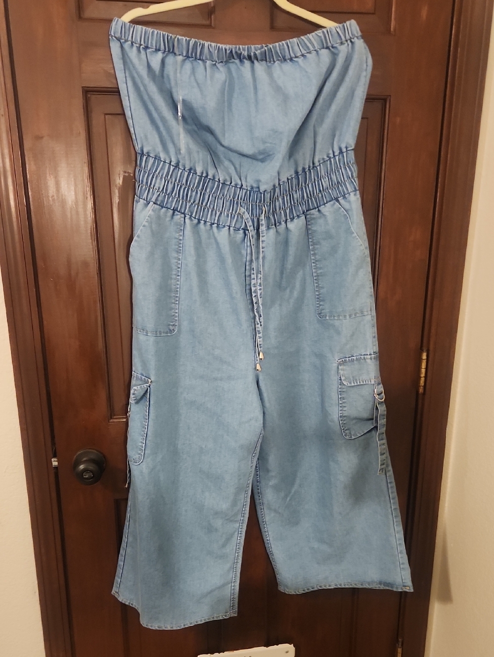 Blush Light Blue Strapless Denim Jumpsuit